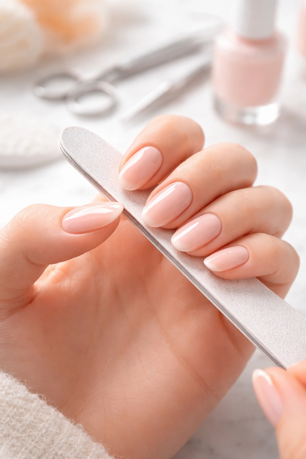 Close-up of oval nails with a hint of routine maintenance on a clean background