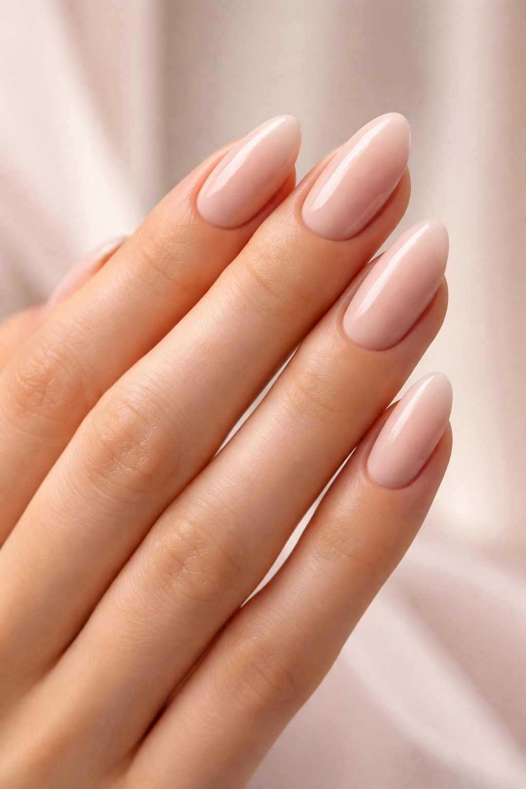 Close-up of oval-shaped nails on a hand with long fingers and rounded tips.