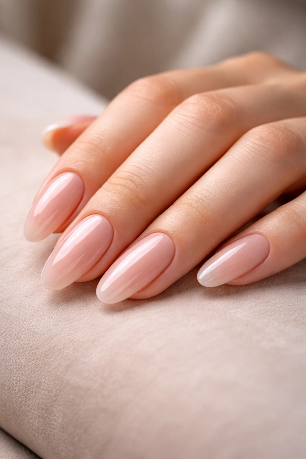 Close-up of a hand with long oval nails in a glossy manicure
