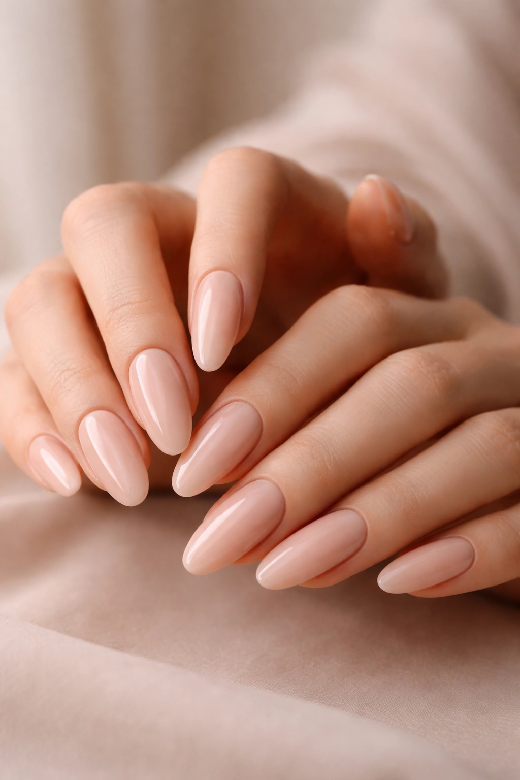Close-up of hands with long oval acrylic nails in a minimalist nude shade