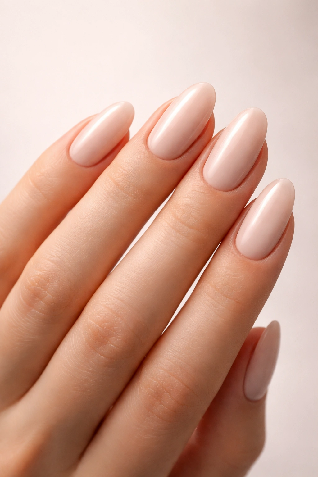 Close-up of a hand showing oval-shaped nails with soft taper and rounded tips