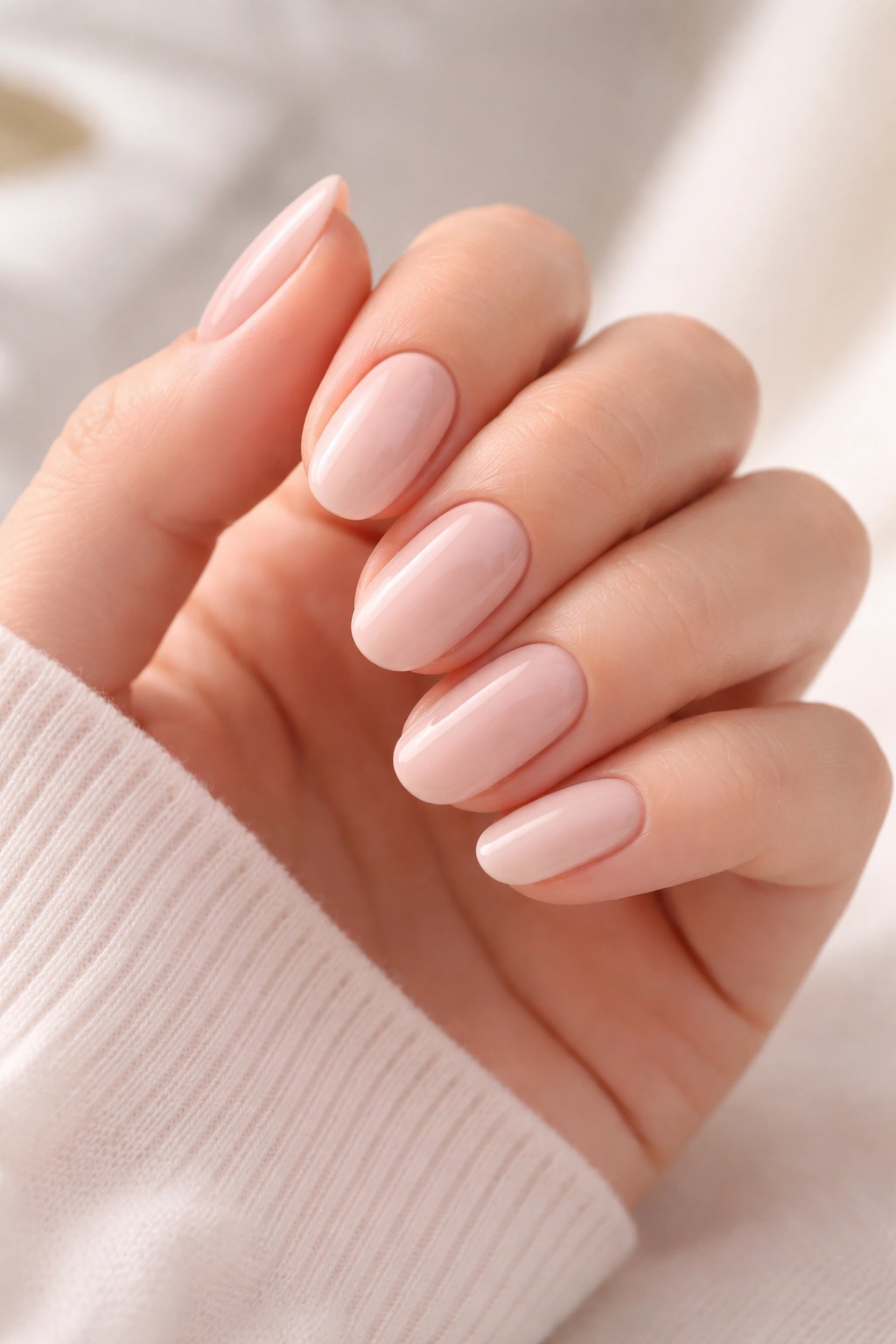 Oval nails in soft nude tones on a hand.