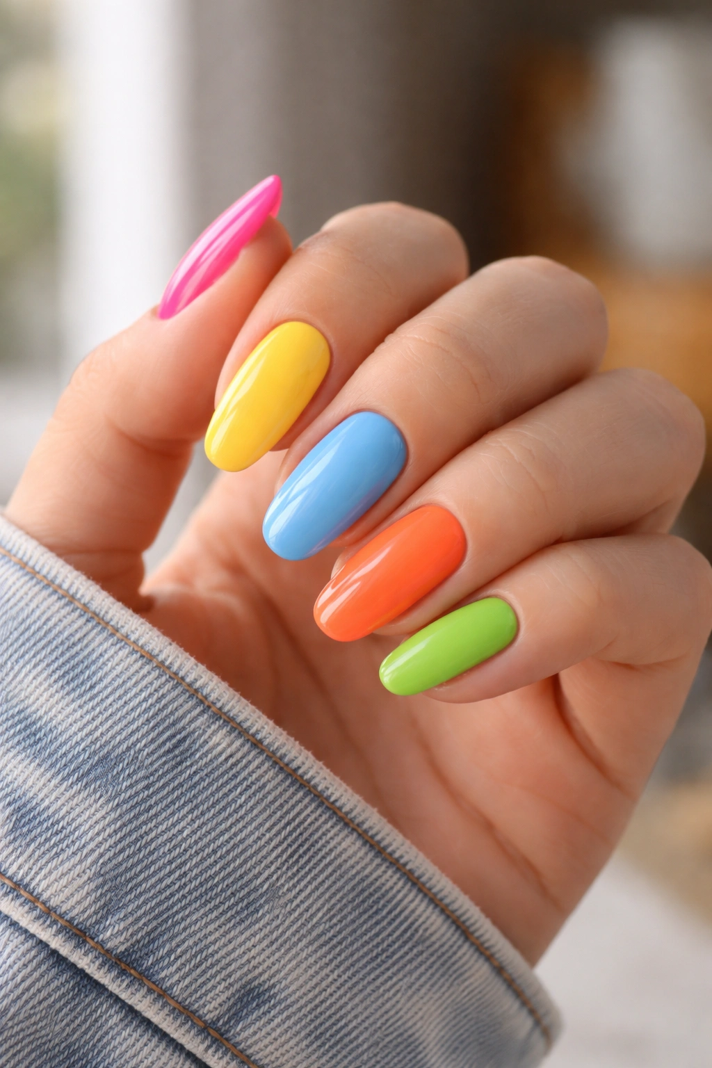 Close-up of long oval nails at practical length on a hand