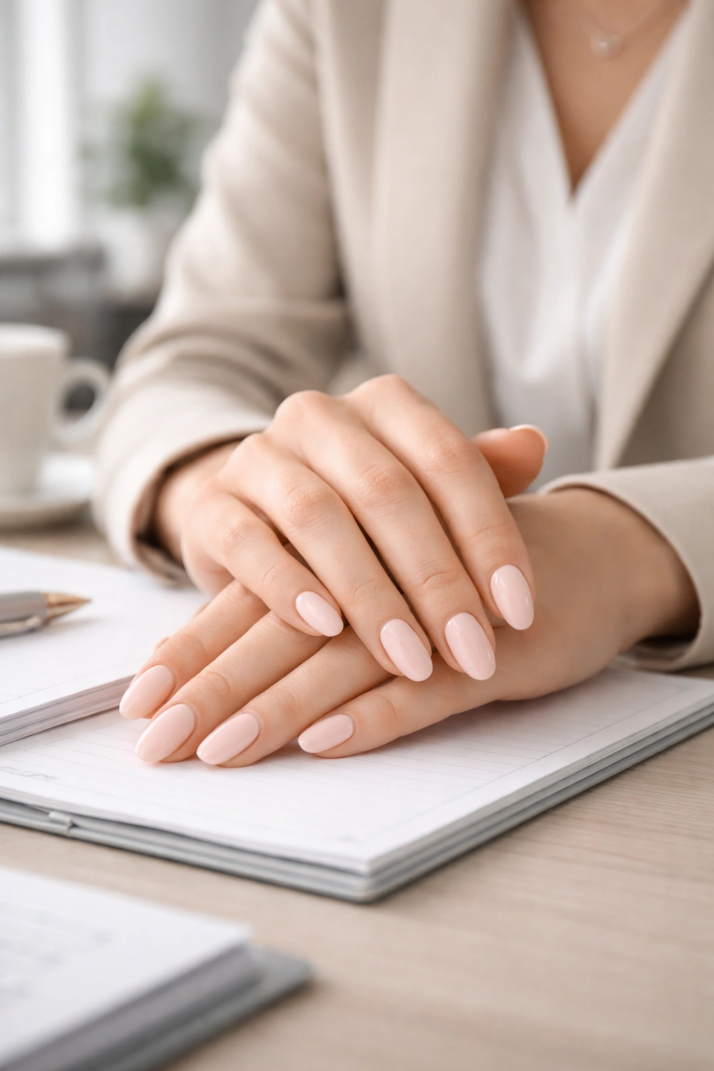 Hands with oval nails in a professional office setting on a clean desk
