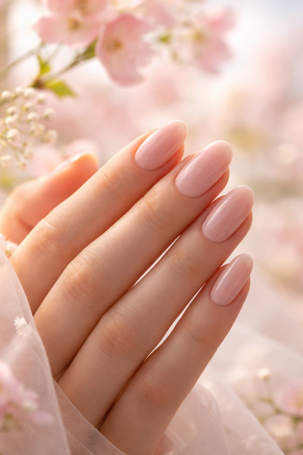 Close-up of a hand with oval nails on a soft pastel background