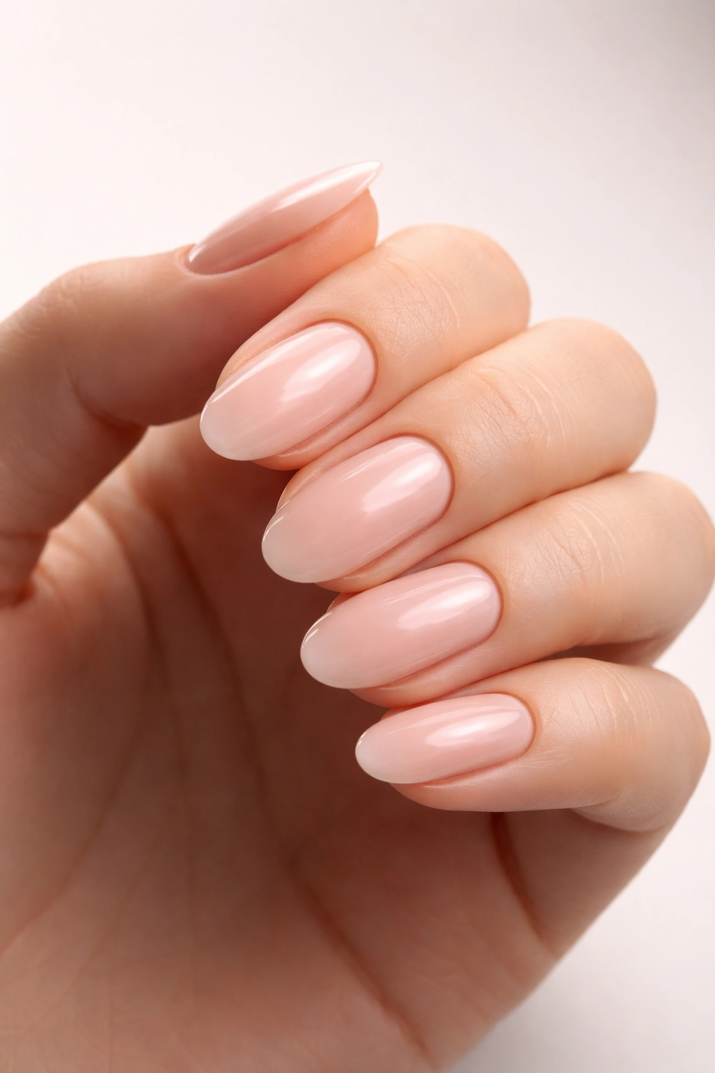 Close-up of a hand with oval-shaped nails, highlighting rounded tips and even width.