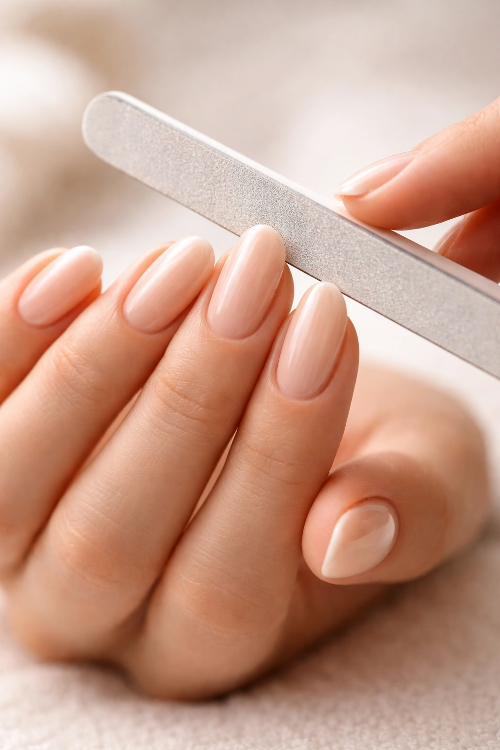 Close-up of hands maintaining oval nail shape with gentle filing