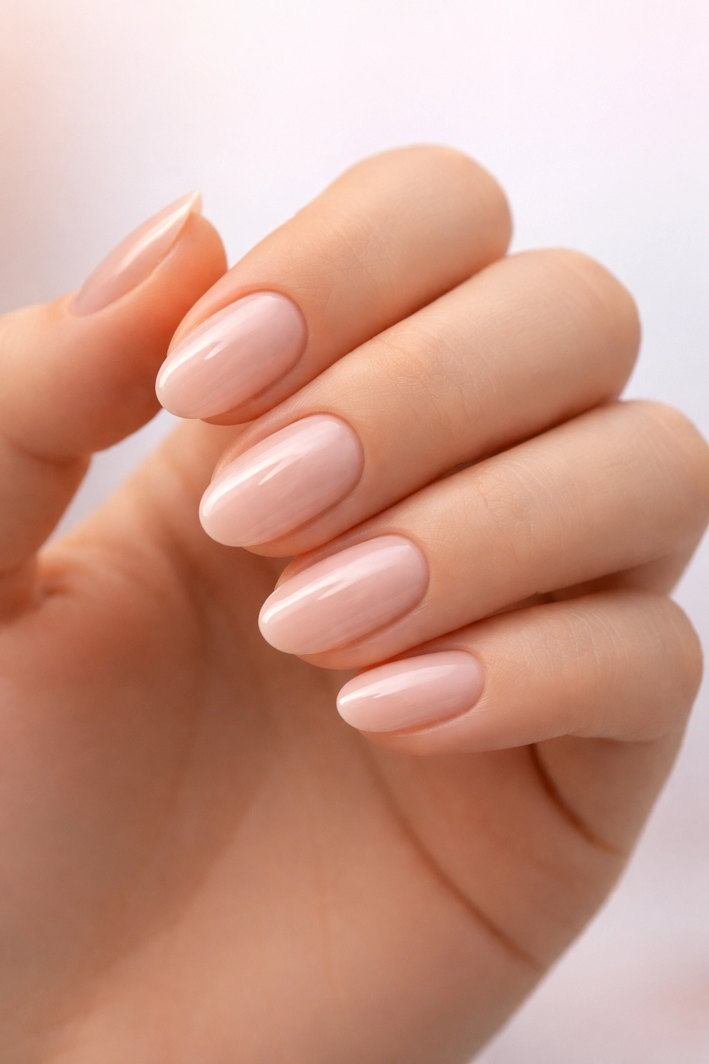 Close-up of a hand with short oval nails on a soft gradient background