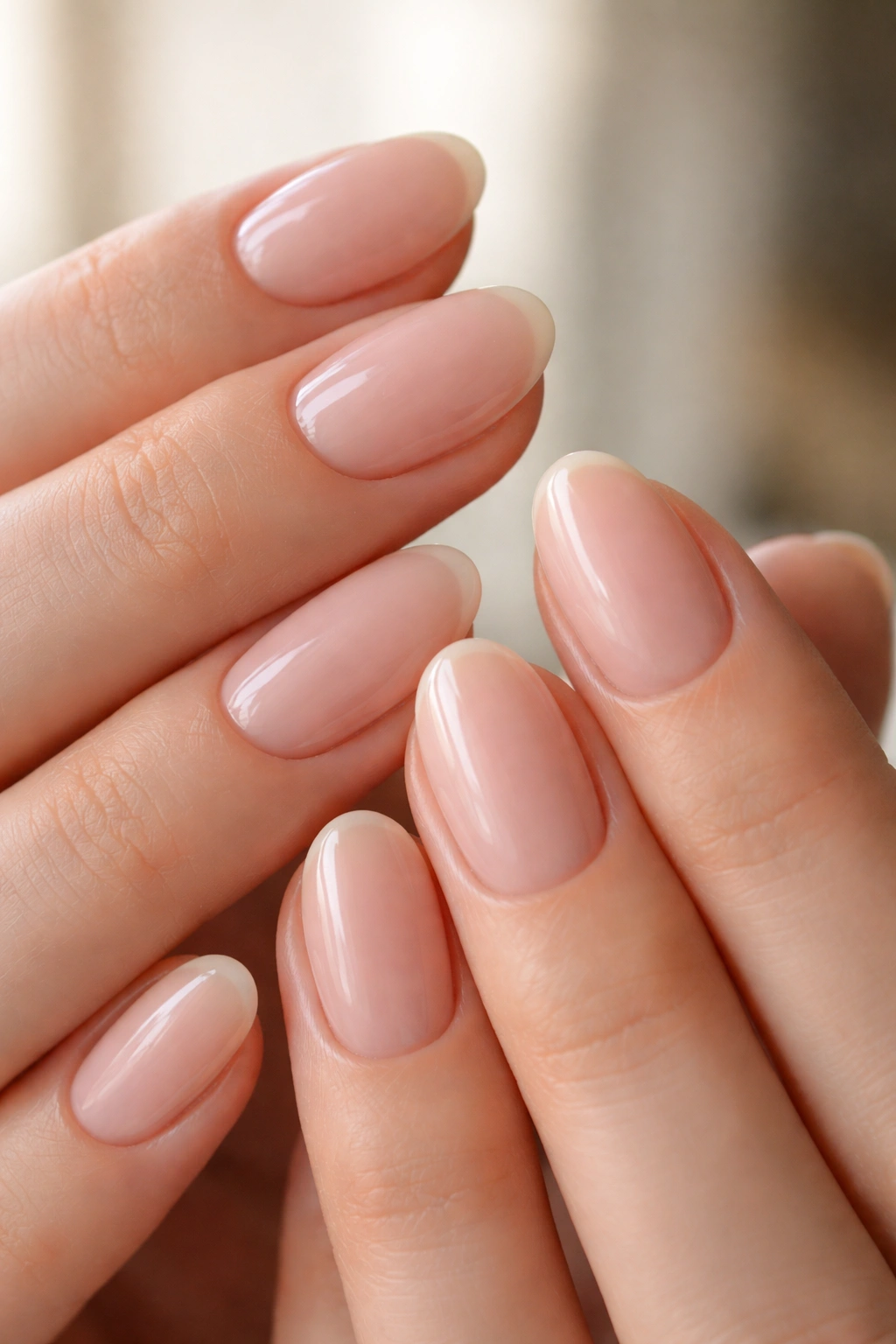 Close-up of short oval builder gel nails showing shape, length, and sidewall details