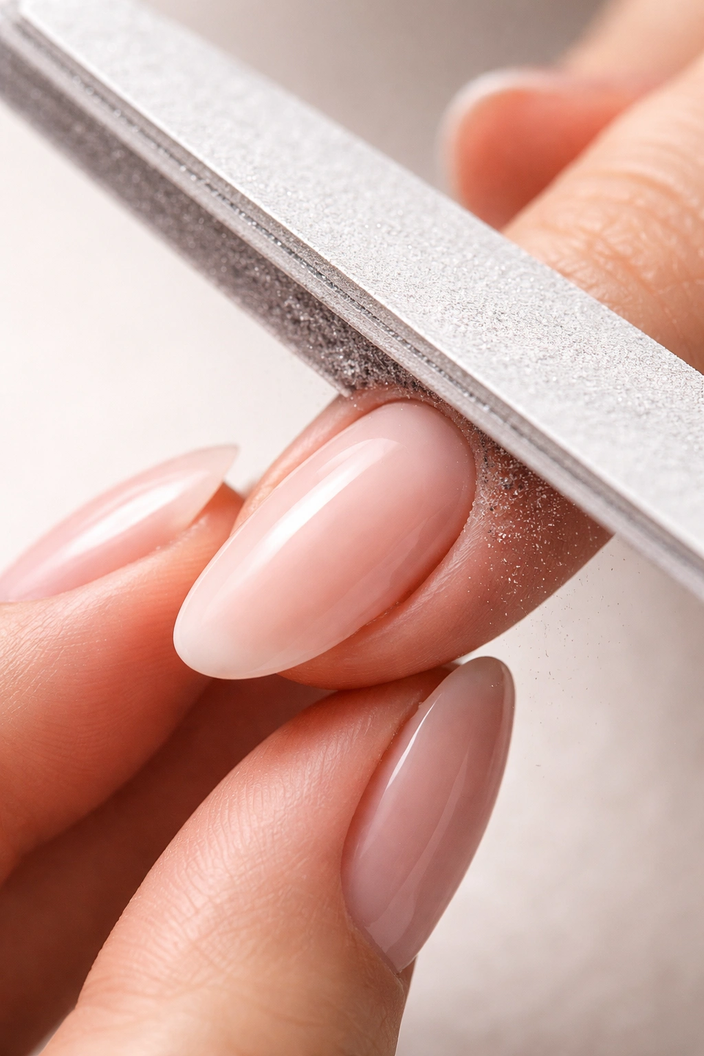 Close-up of a nail being shaped to form curved outer edge.