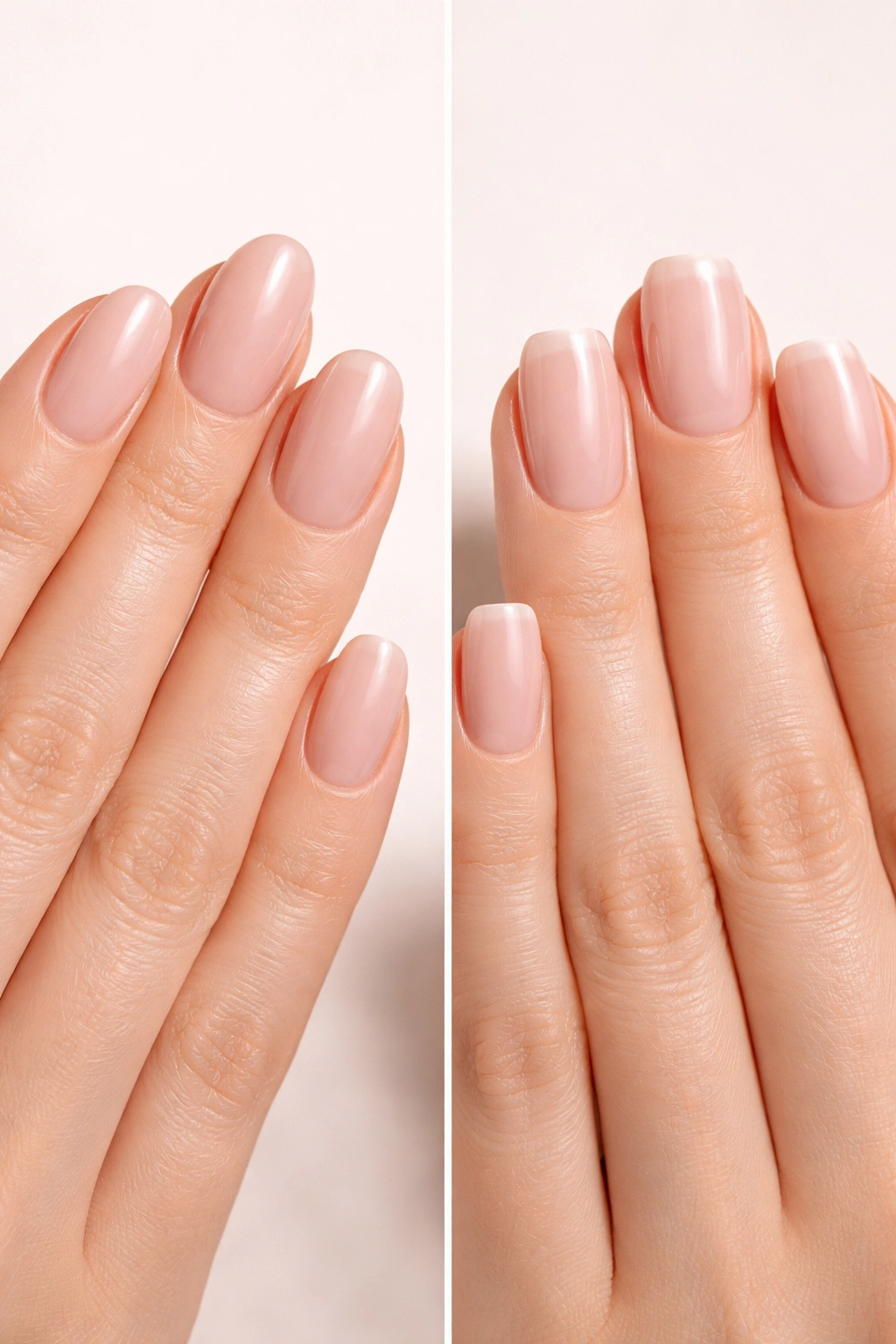 Two hands showing oval and squoval nail shapes side by side with neutral background