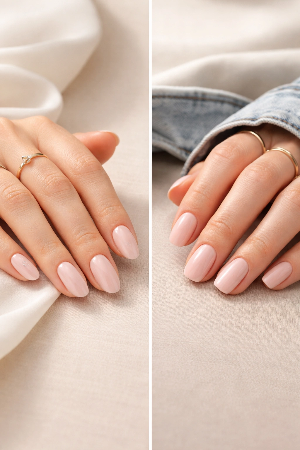 Hands showing oval and squoval nails in formal and casual styles