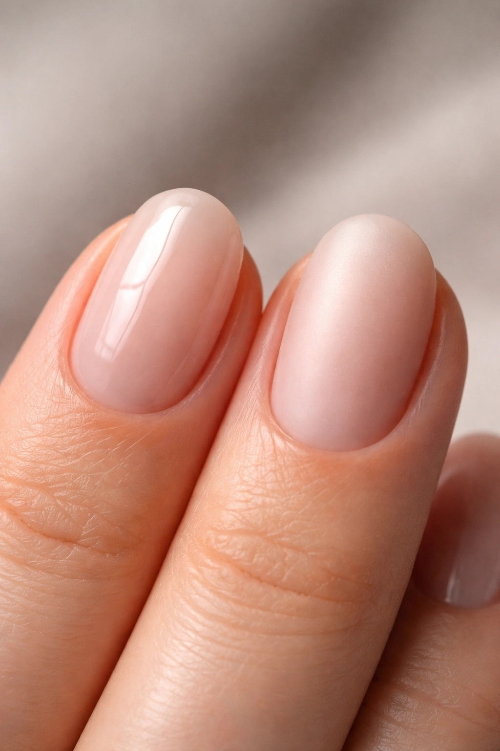 Close-up of two short oval nails displaying glossy and satin finishes to illustrate overlay options