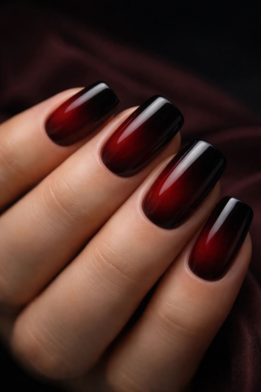 Oxblood red nails fading to black with smoky gradient on squoval tips