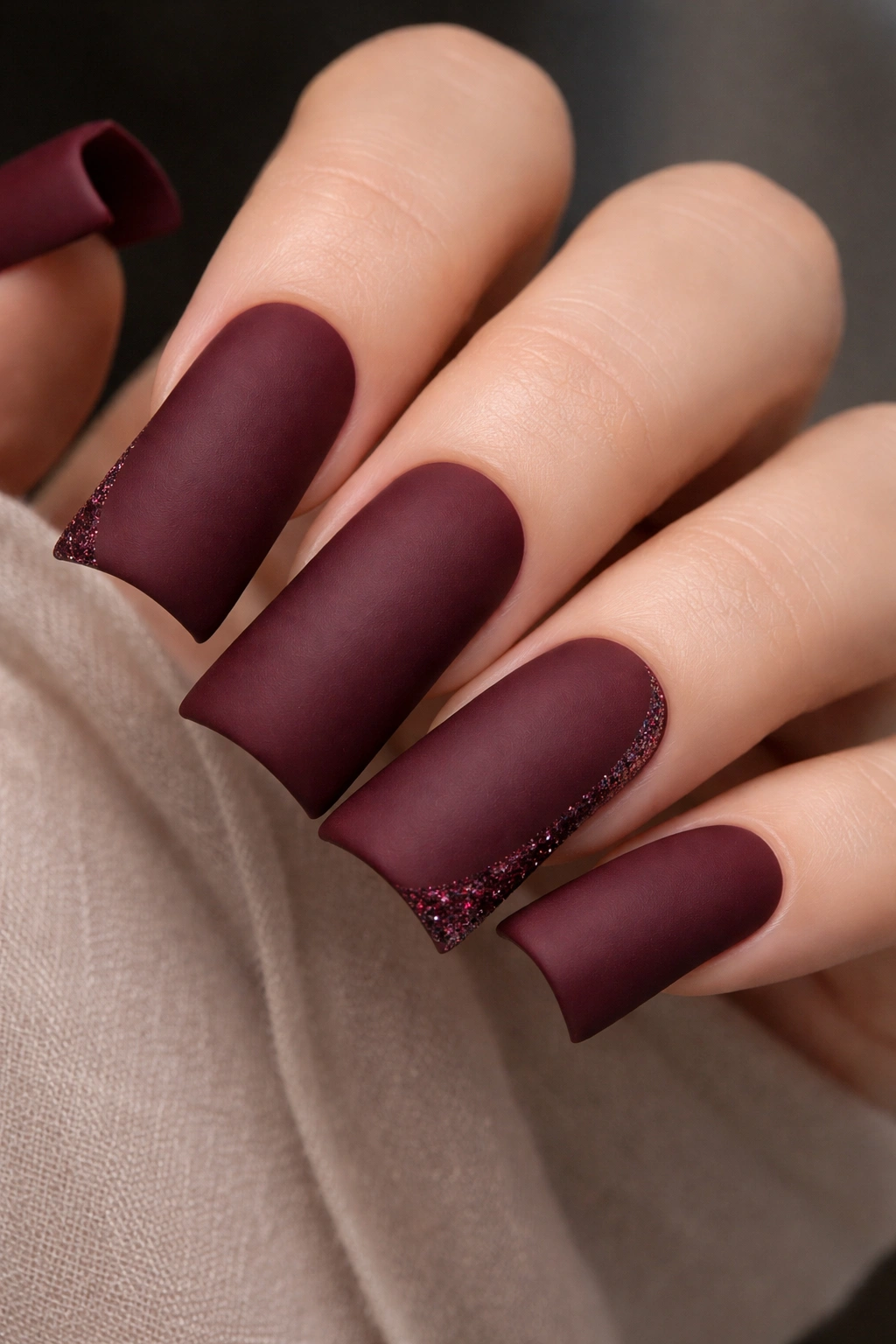 Deep oxblood nails with matte finish and subtle glitter accents