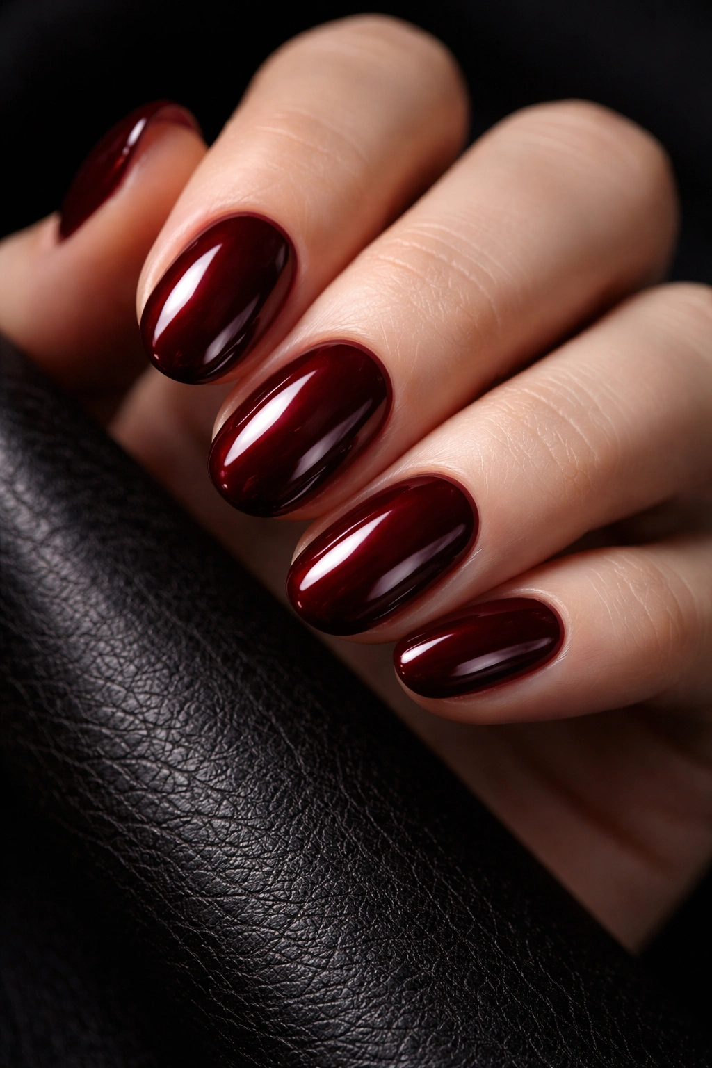 Close-up of oxblood nails with mirror-like gloss on short oval nails