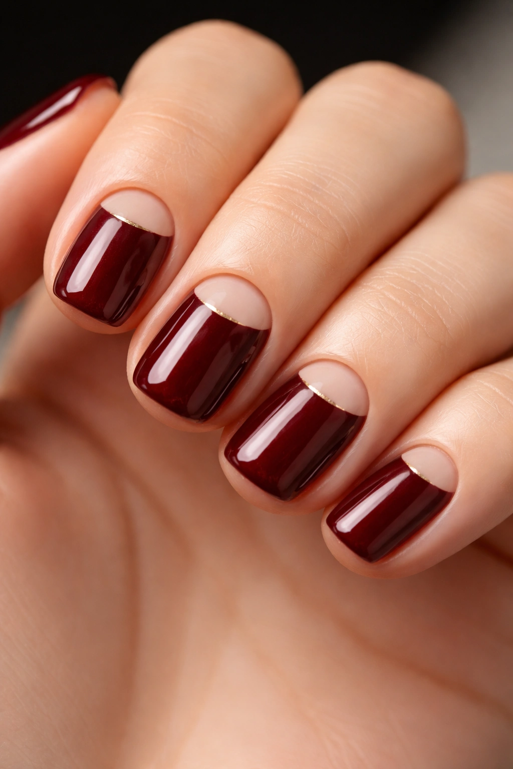 Oxblood nails with negative space half-moon on squoval nails
