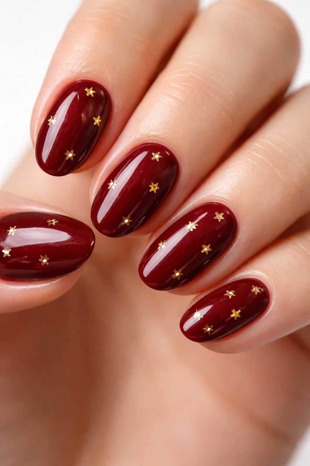 Close-up of oxblood almond nails with tiny gold stars on a neutral background