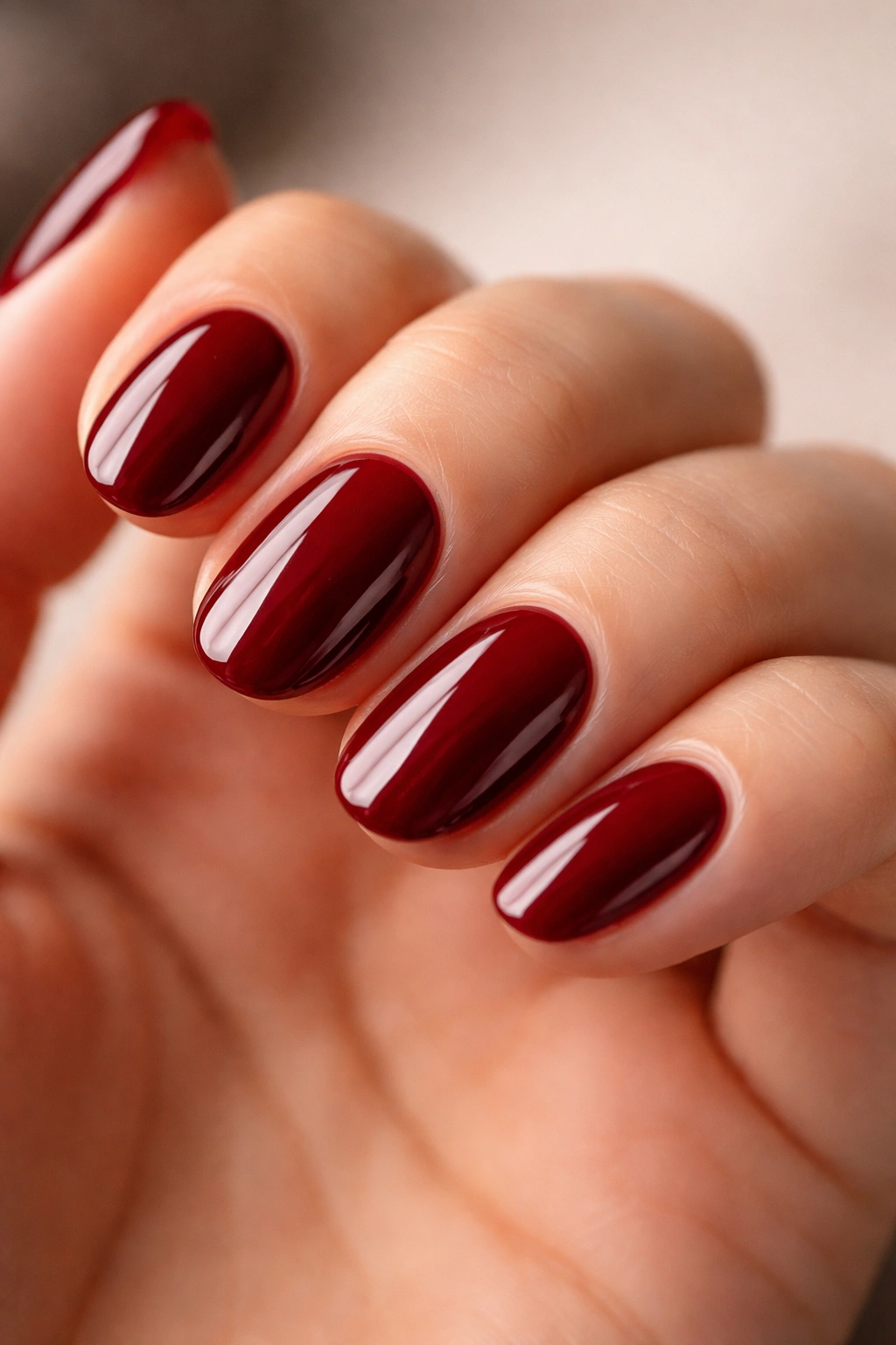 Close-up of short oval nails with oxblood red glossy finish