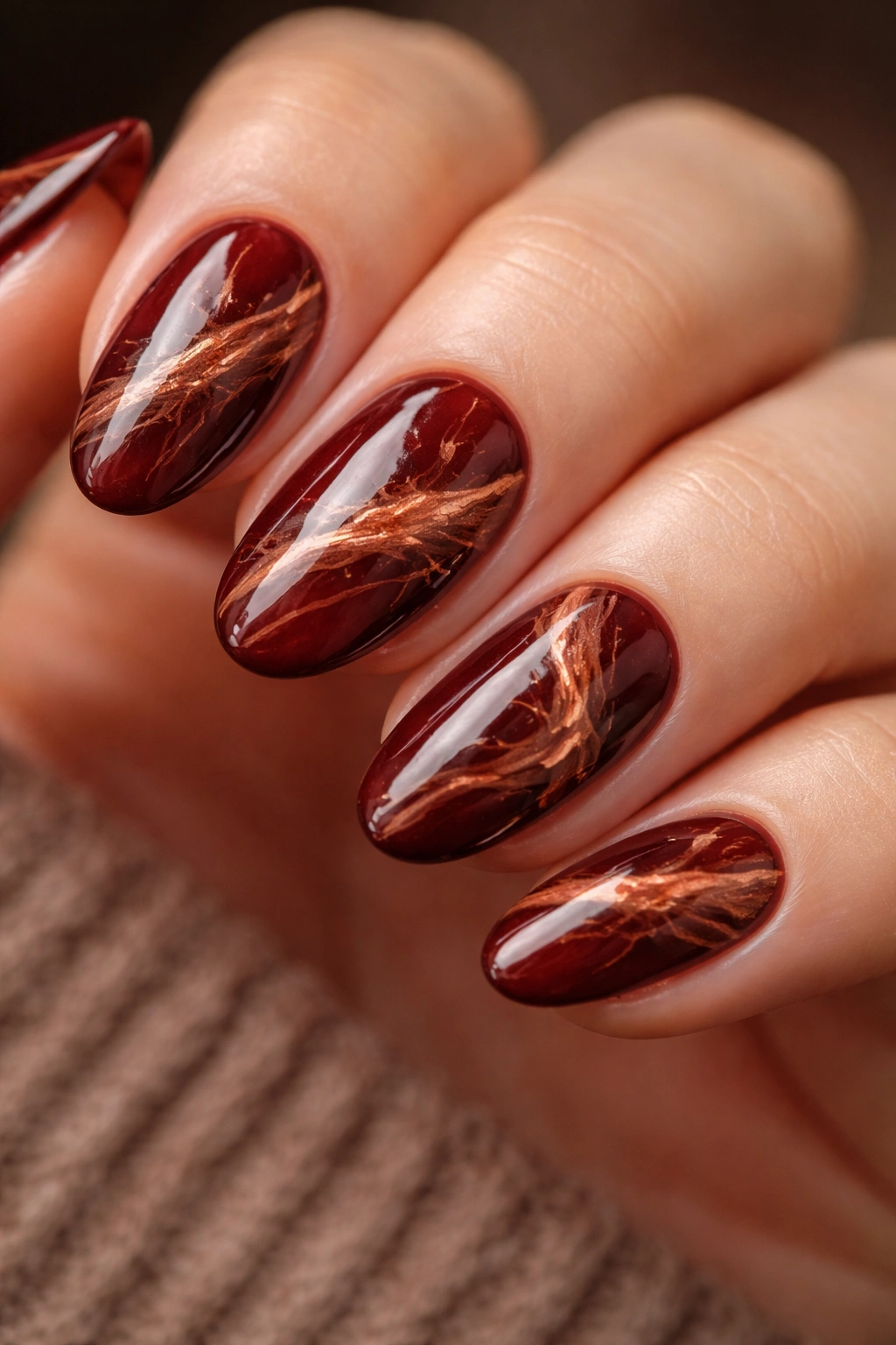 Oxblood nails with terracotta marble swirls on short almond nails.