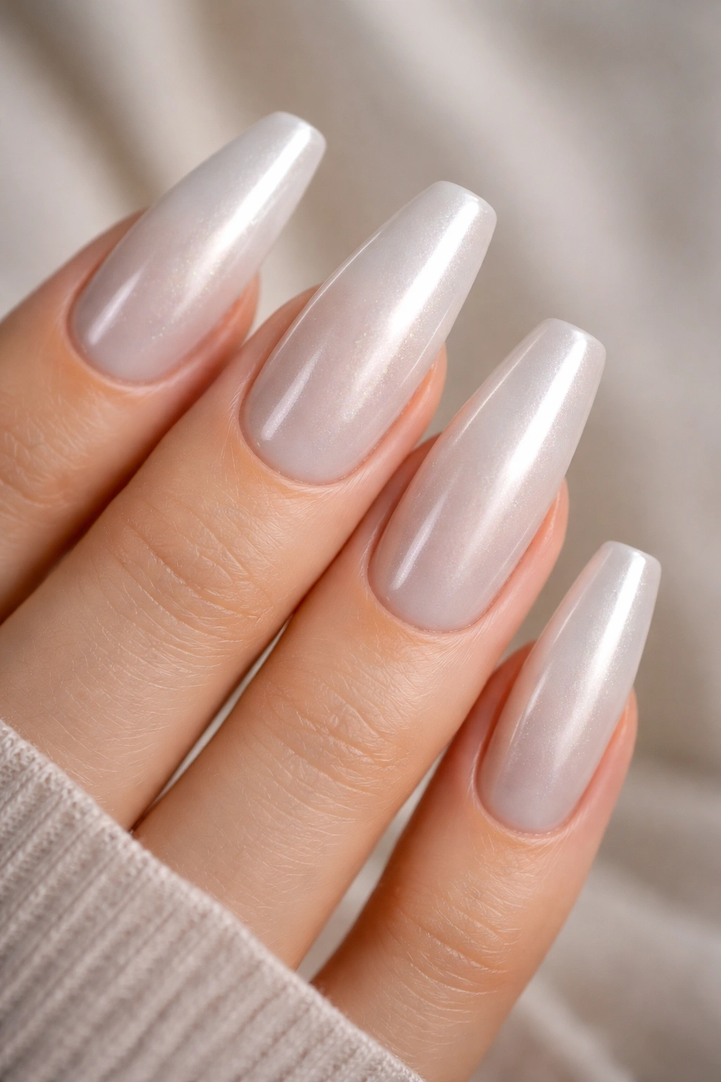 Oyster cream pearl ballerina nails showing subtle depth and softness.