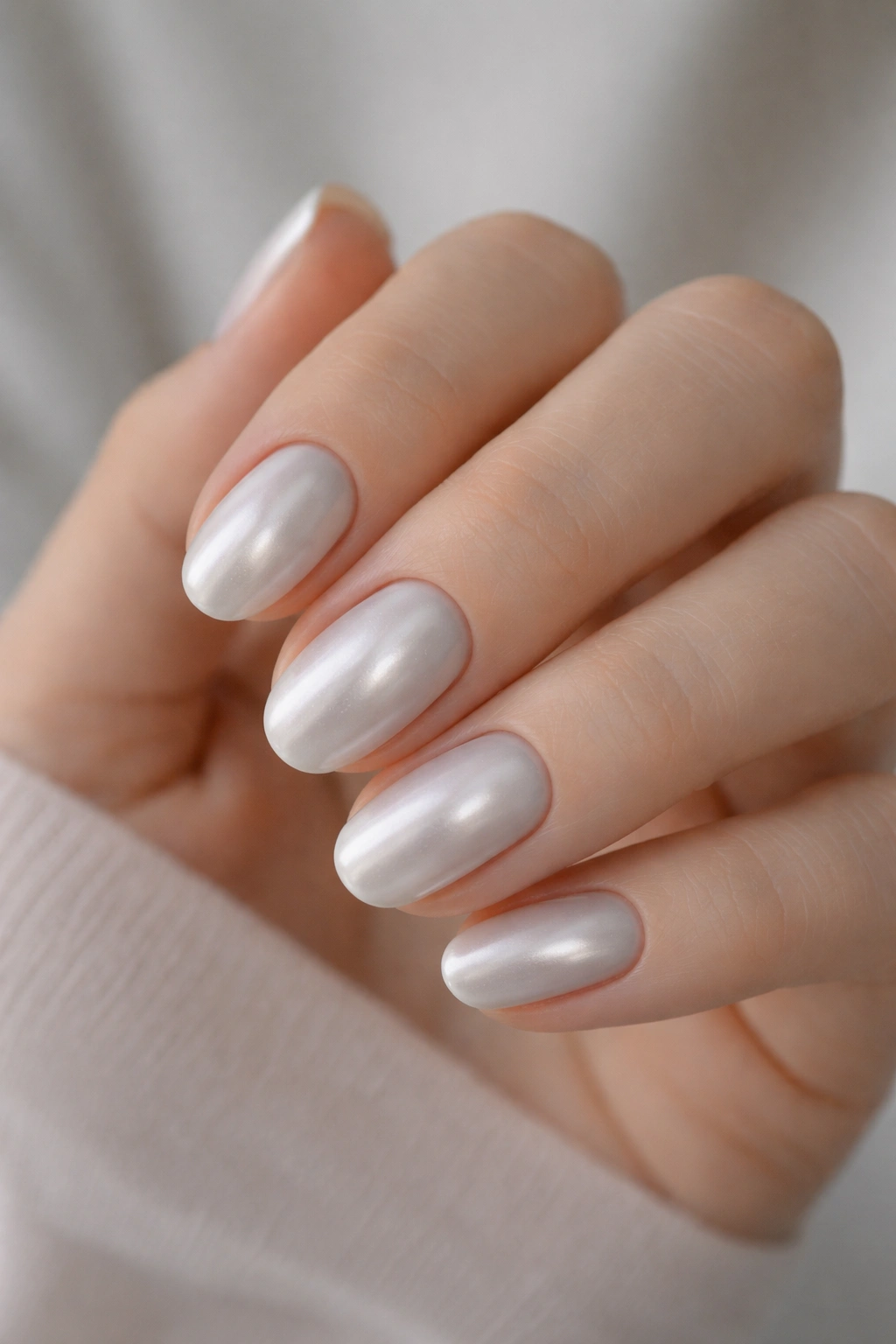 Close-up of short oval nails with oyster satin pearl finish