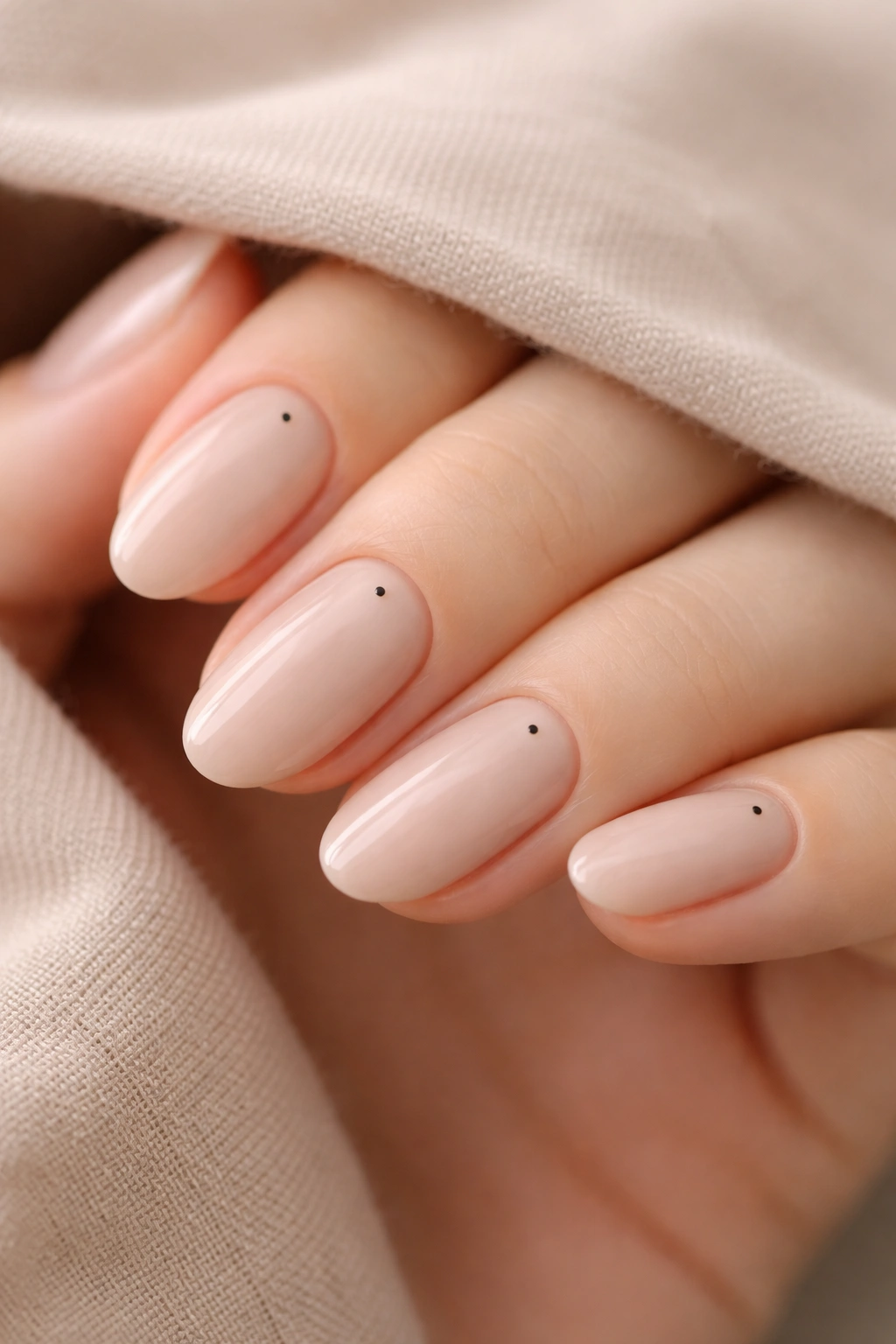 Close-up of pale beige almond nails with micro accent dots