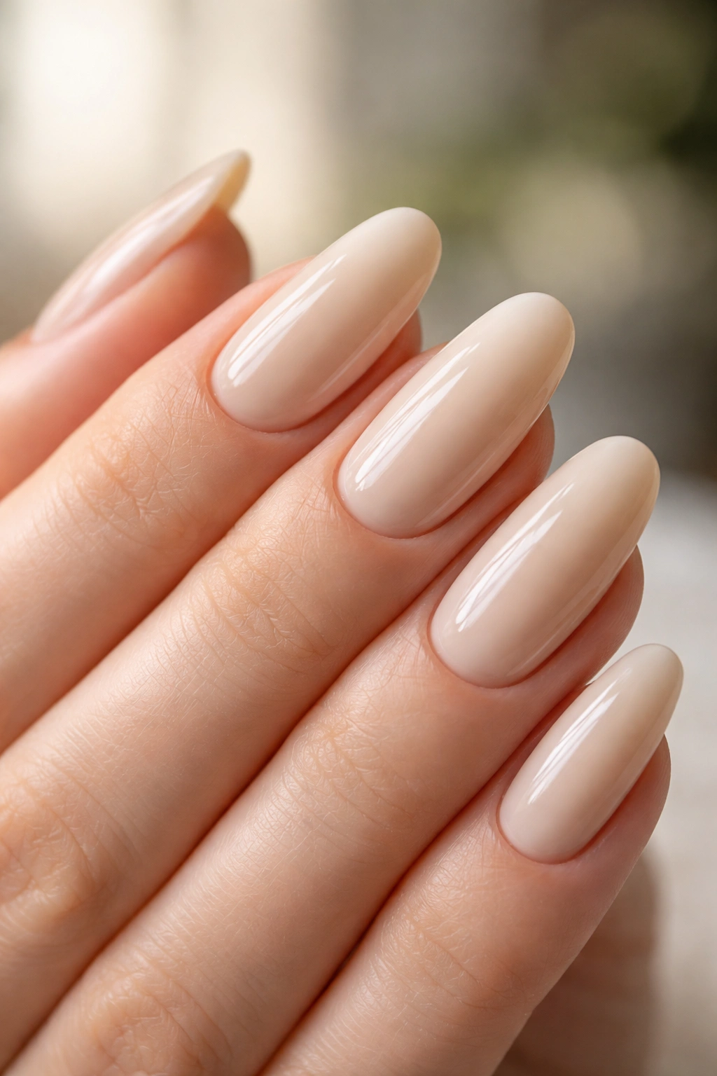 Close-up of long oval nails in pale beige with creamy undertone