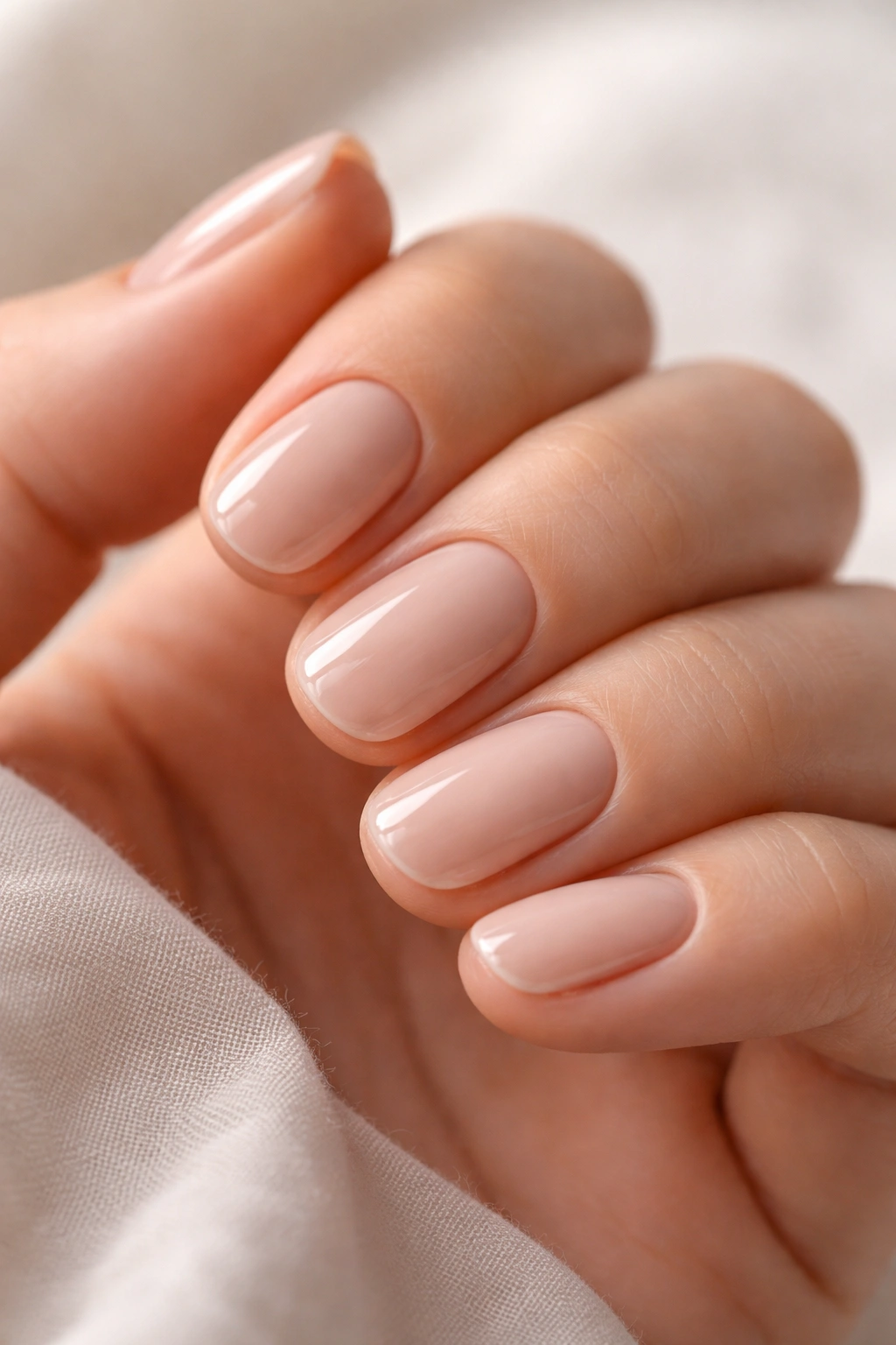 Close-up of short oval nails with pale beige base and glossy edge
