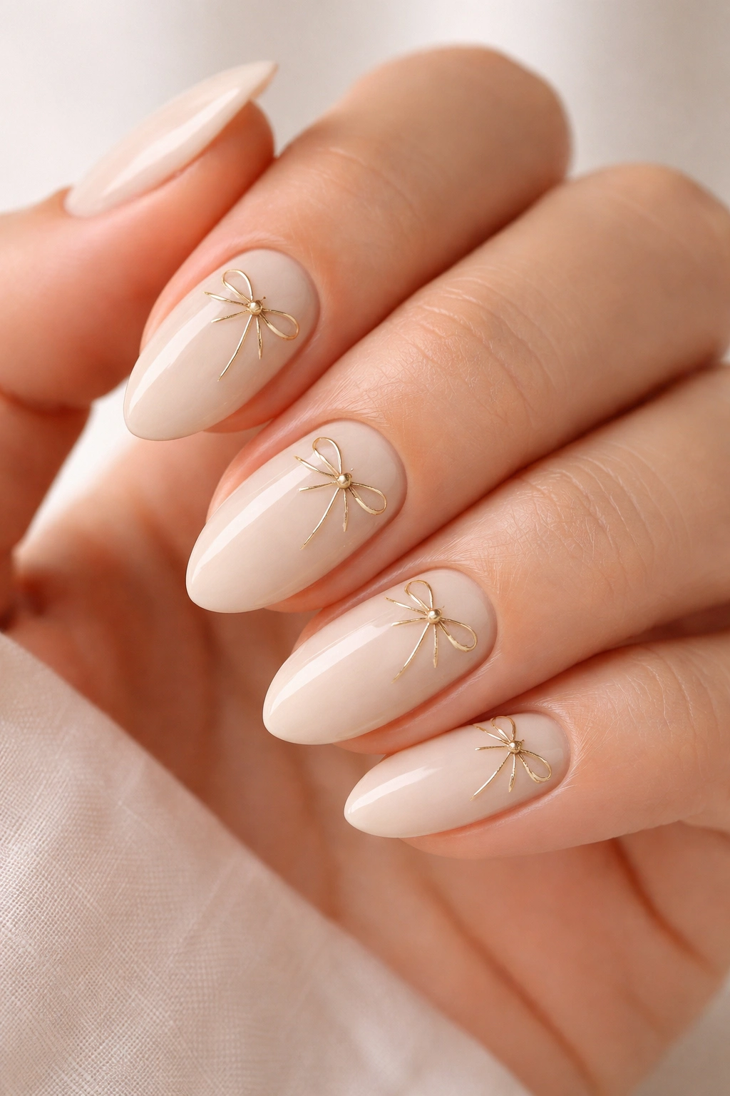 Pale beige almond nails with gold bow lines