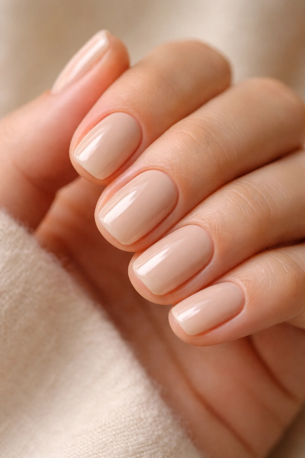 Close-up of short squoval nails in pale beige with warm depth and high shine