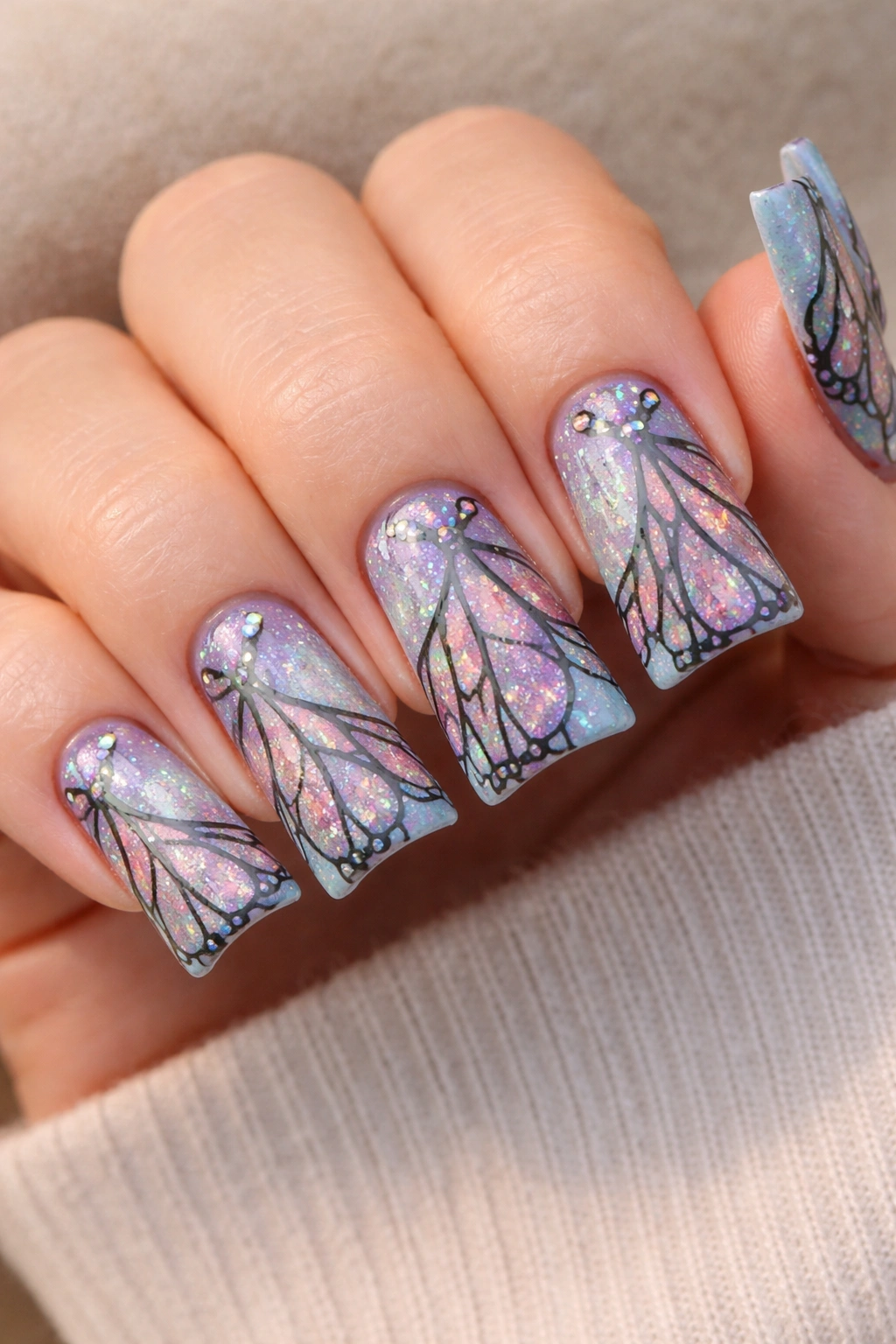 Pale blue duck nails with butterfly wing stained-glass art and sparkle