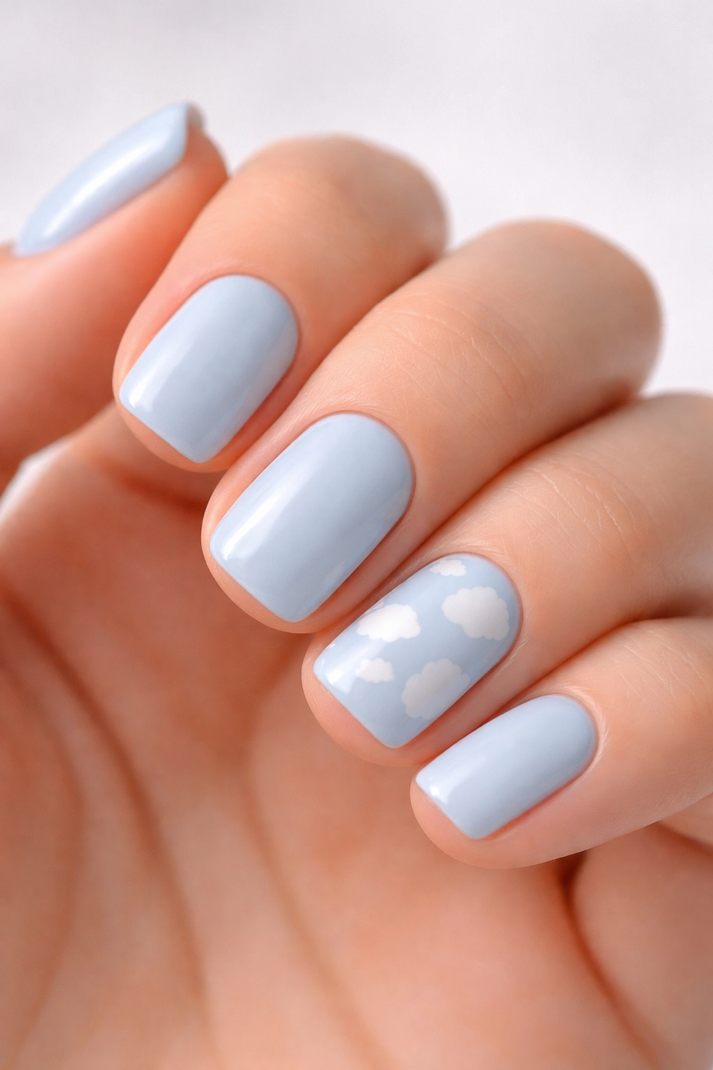 Close-up of pale blue nails with a single accent cloud nail