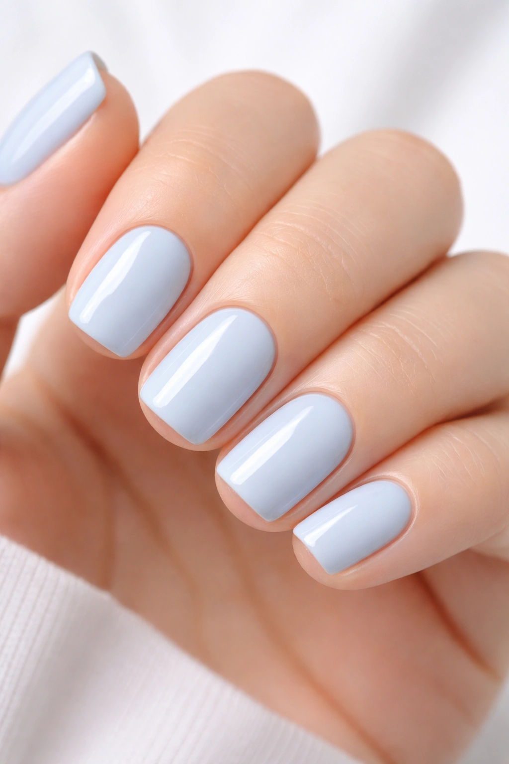 Close-up of pale blue squoval nails with a glossy finish