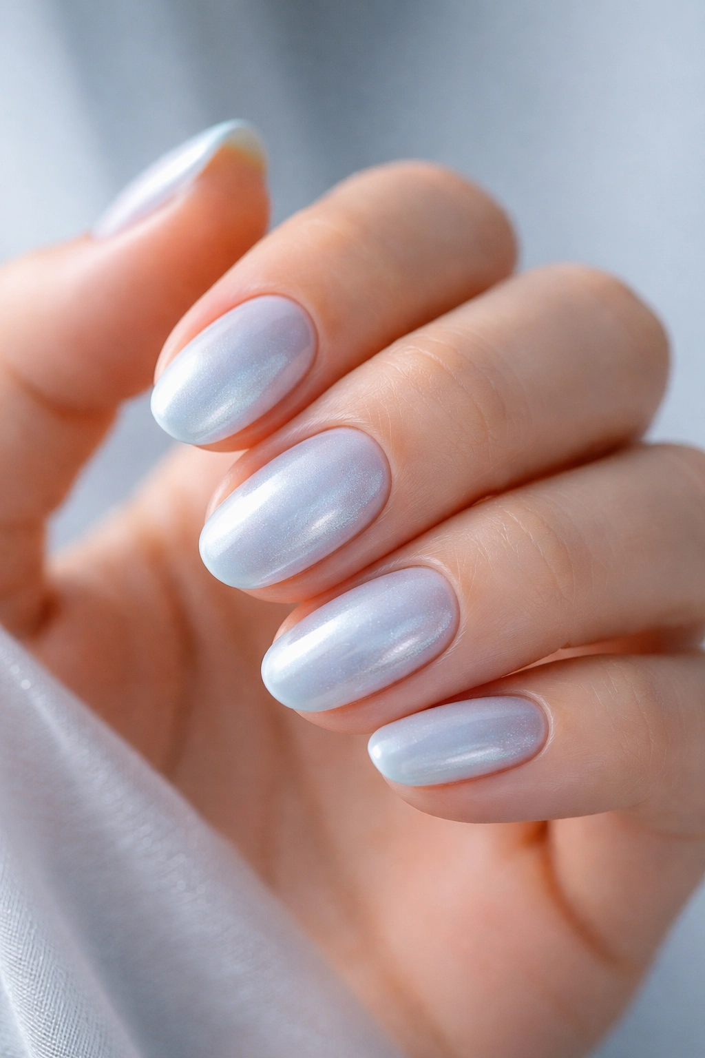 Close-up of pale blue pearl nails on short oval nails