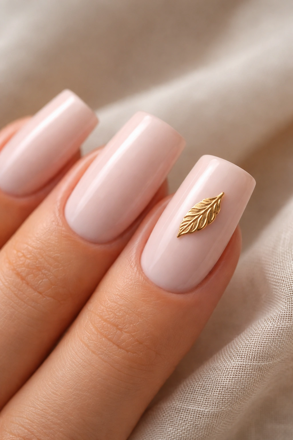 Pale blush nails with delicate gold leaf charm on one nail