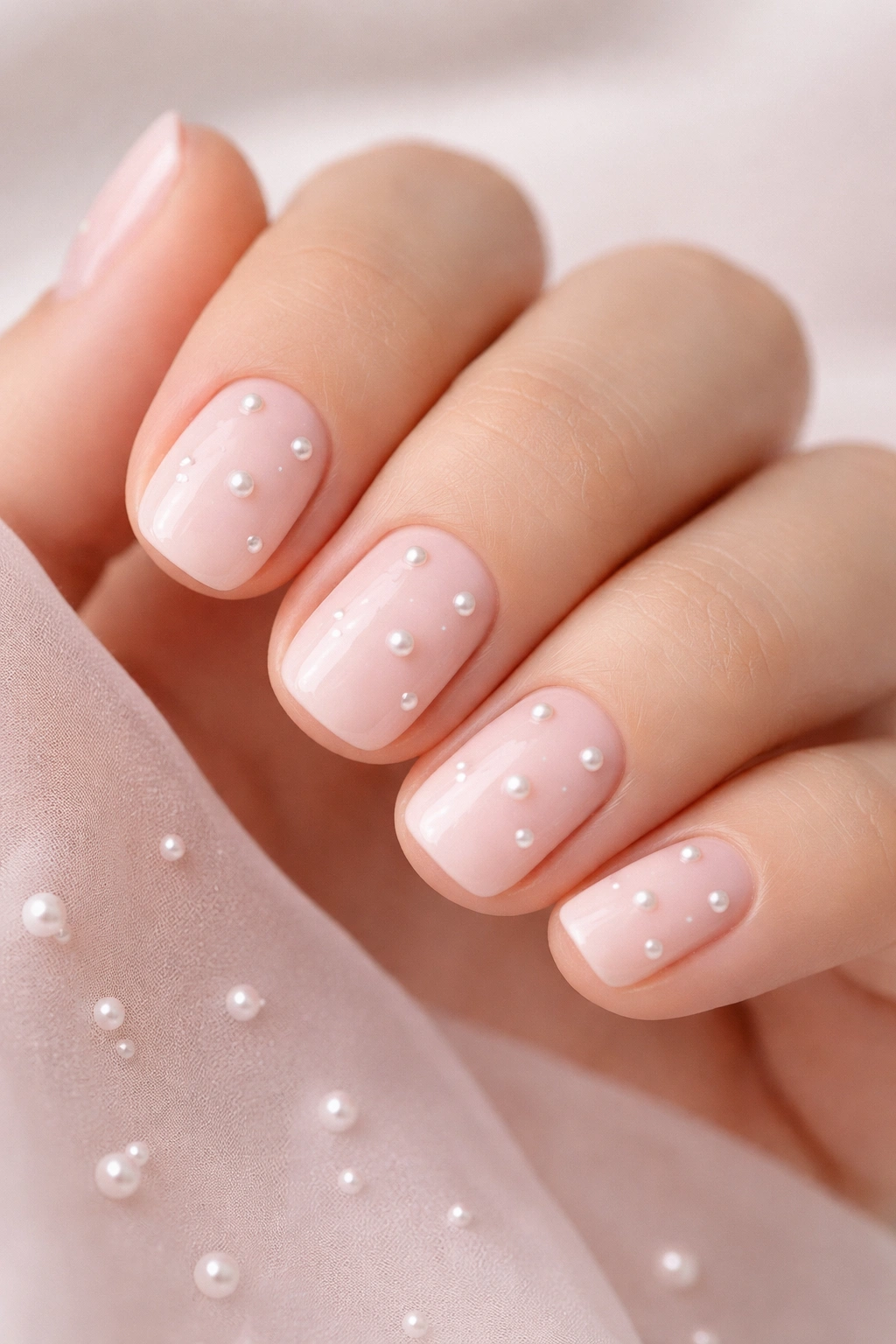Close-up of short nails with pale blush pink base and scattered pearl accents.
