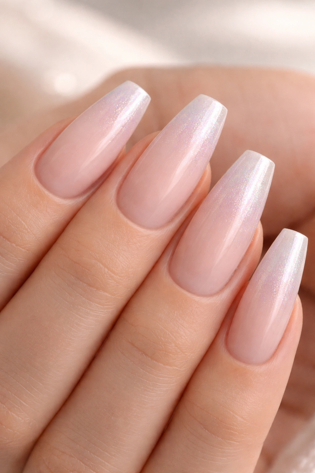 Close-up of pale blush coffin nails transitioning to iridescent shimmer at the tips