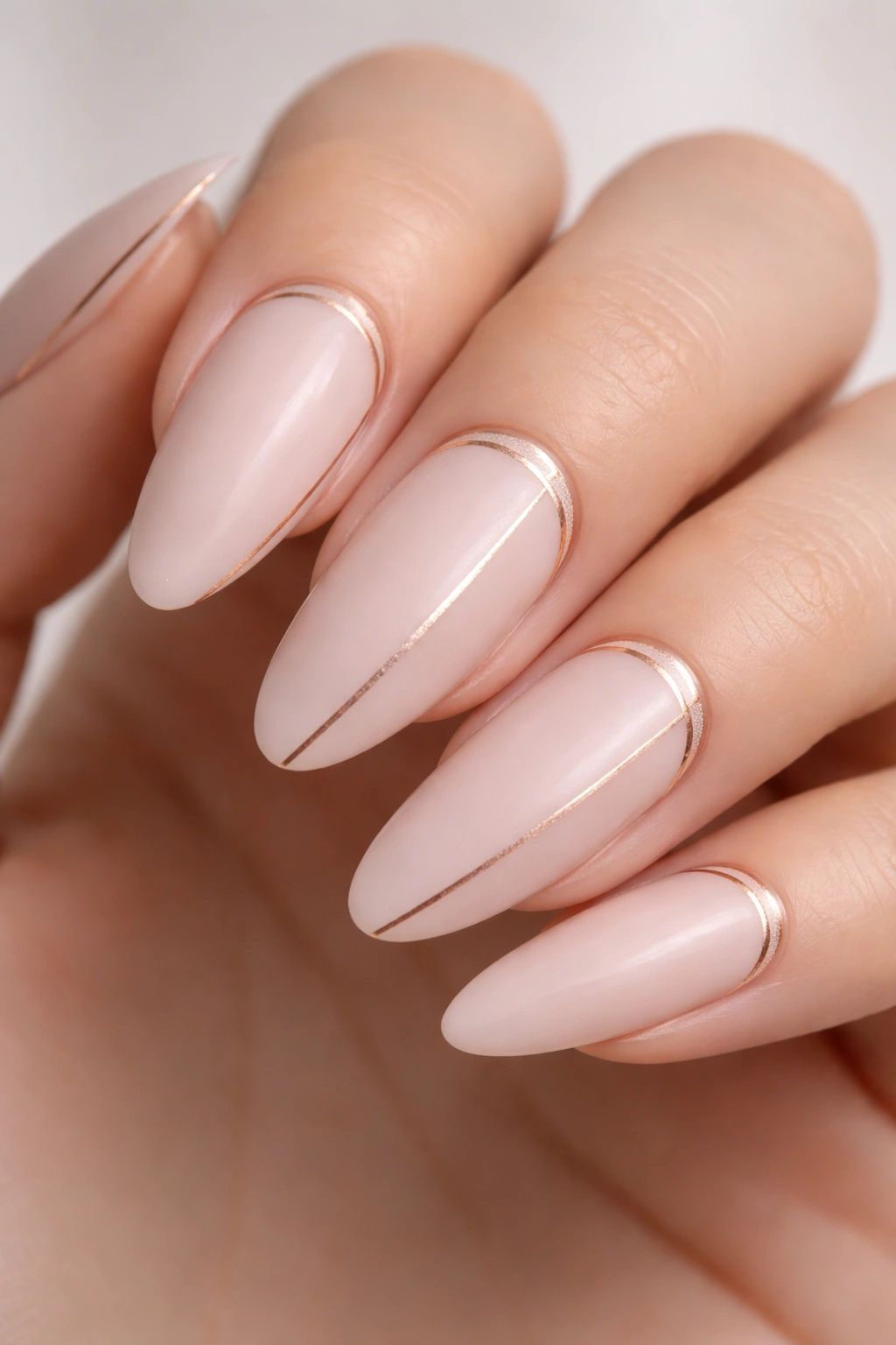 Close-up of almond nails with pale blush, rose gold striping, and cuticle accent in matte finish