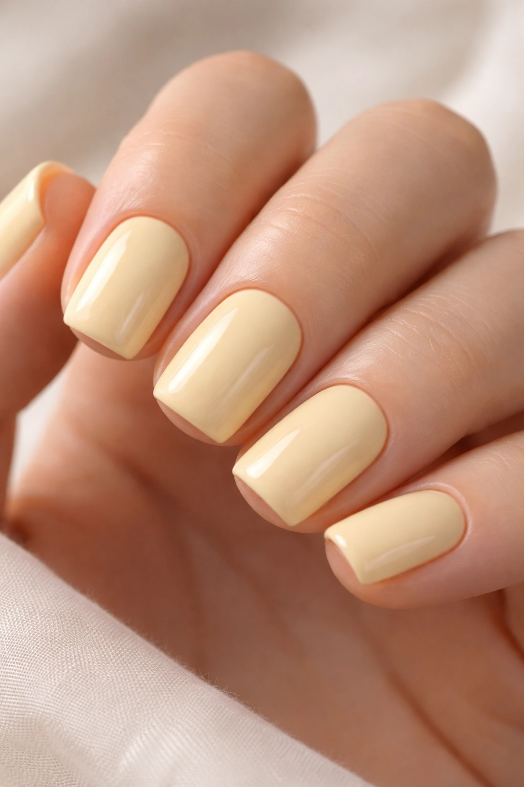 Pale butter yellow creme nails on short soft square nails