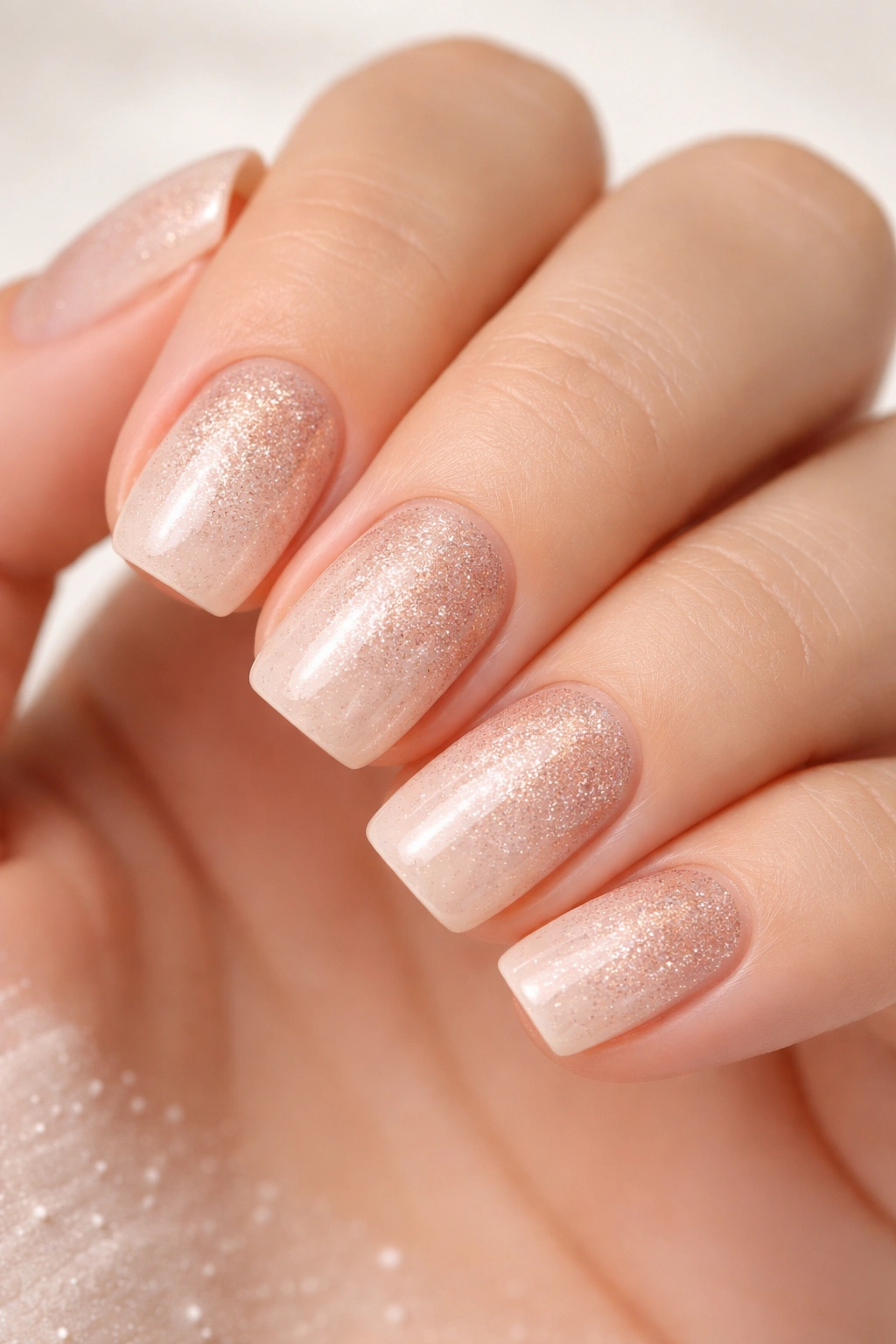 Close-up of short soft square nails in pale champagne with subtle rose gold dust