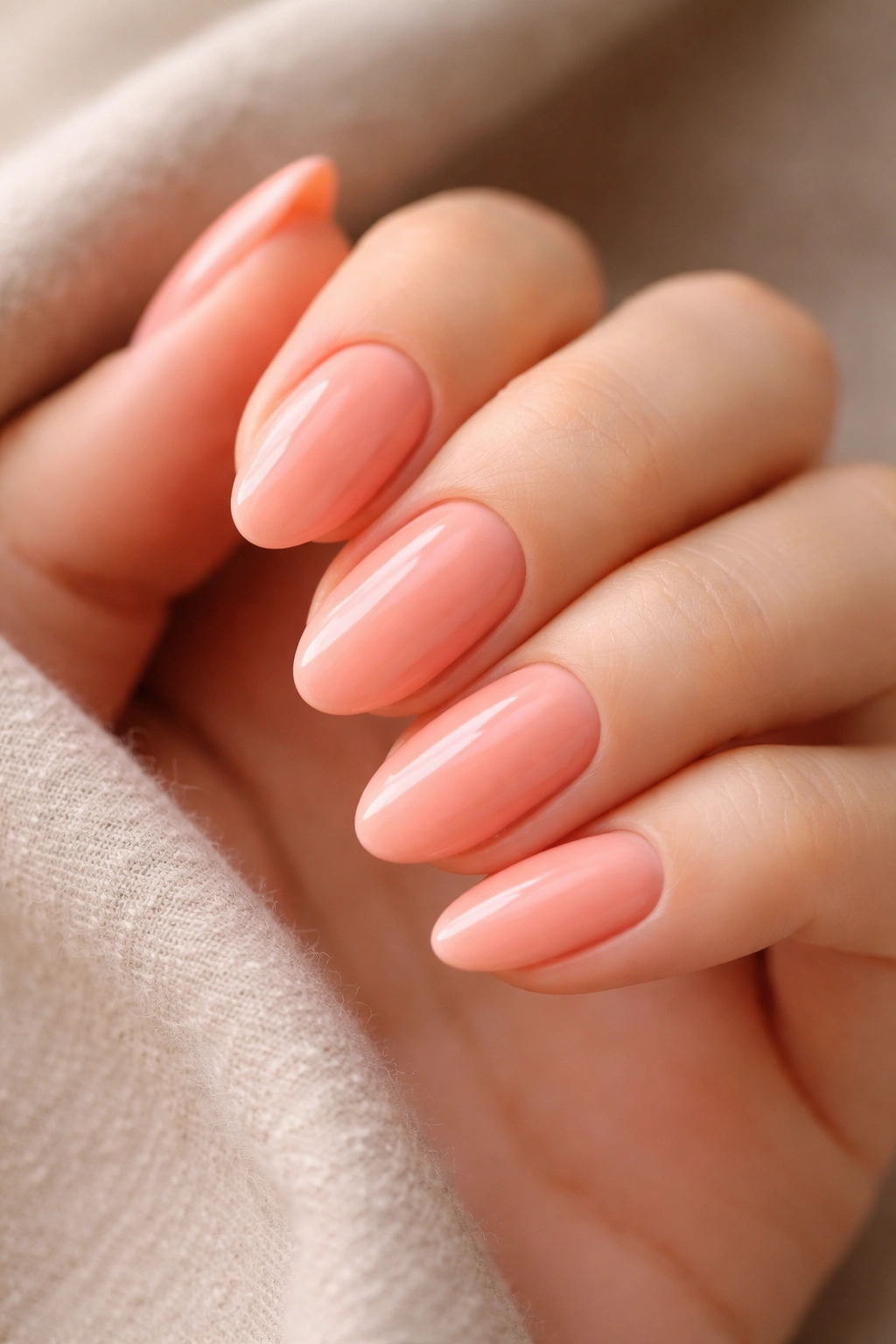 Pale coral almond nails on short nails