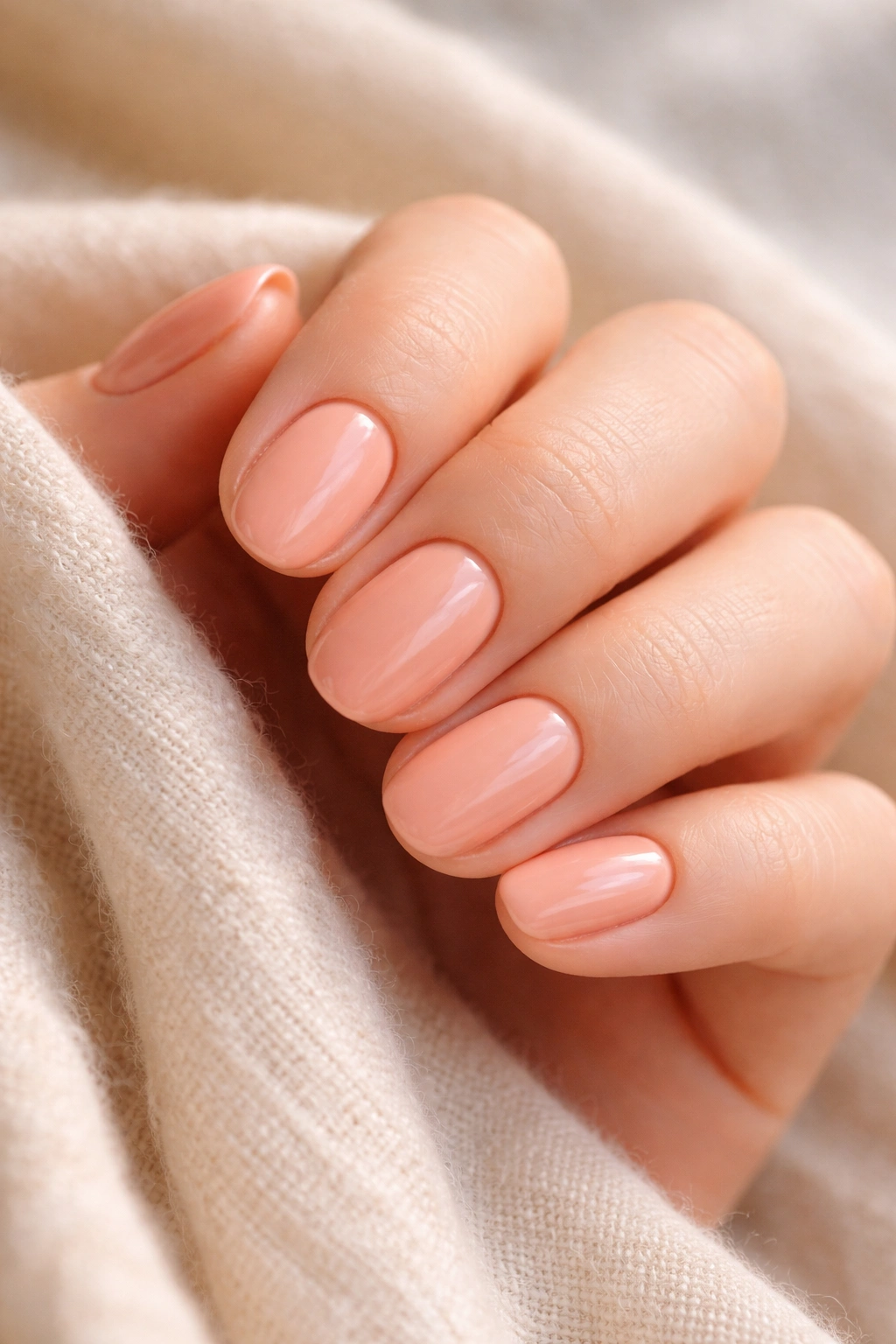 Close-up of pale coral oval nails on a hand