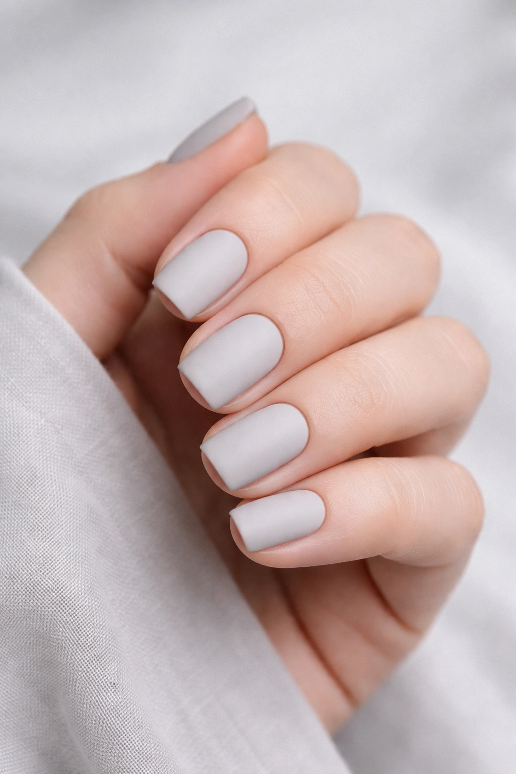 Close-up of short soft square nails in pale gray matte finish