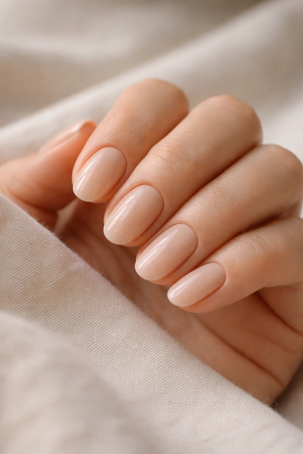 Close-up of short oval nails with pale latte nude on a hand