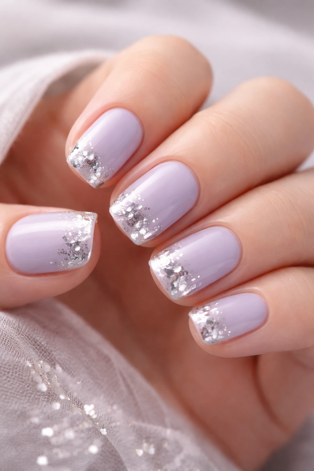 Close-up of short squoval nails with pale lavender base and silver foil accents