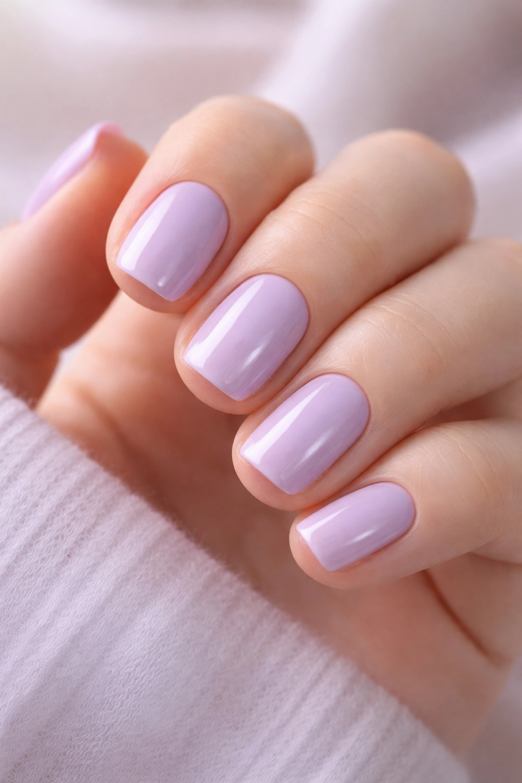 Close-up of short squoval nails painted pale lavender