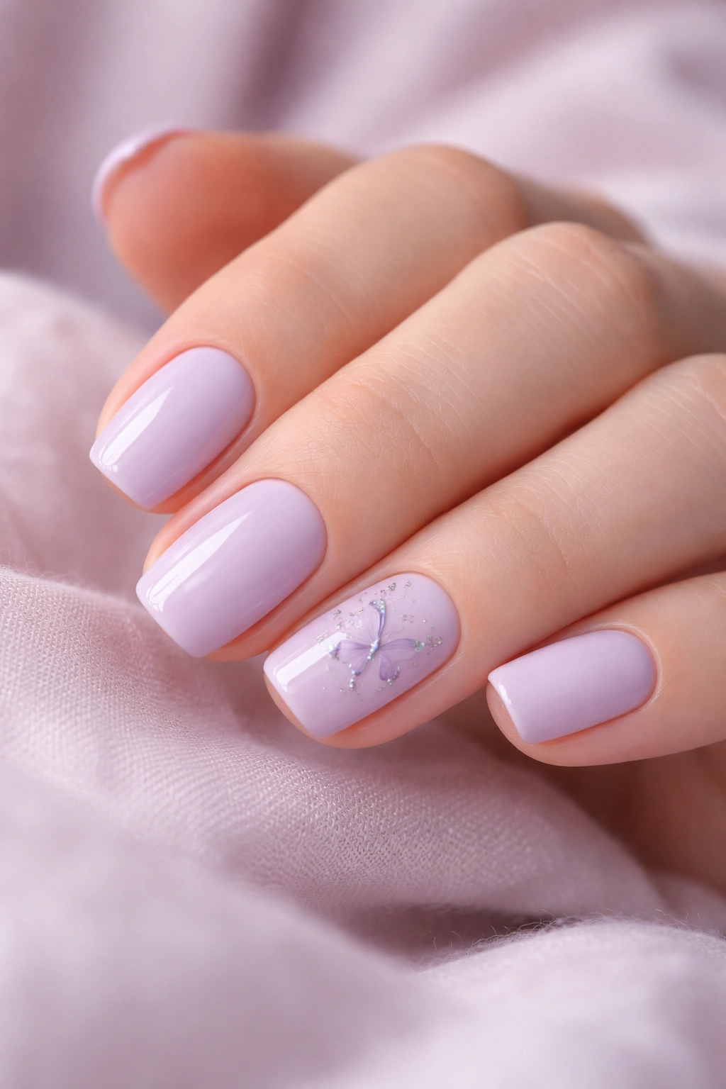 Close-up of pale lavender squoval nails with a single delicate butterfly accent