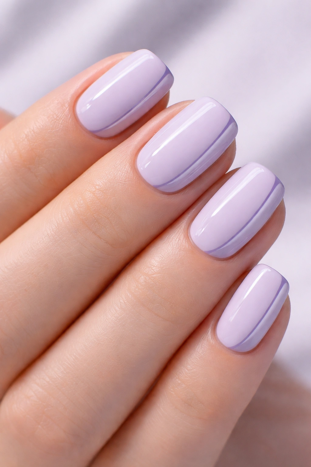 Close-up of short squoval nails in pale lavender with a single dark lavender line