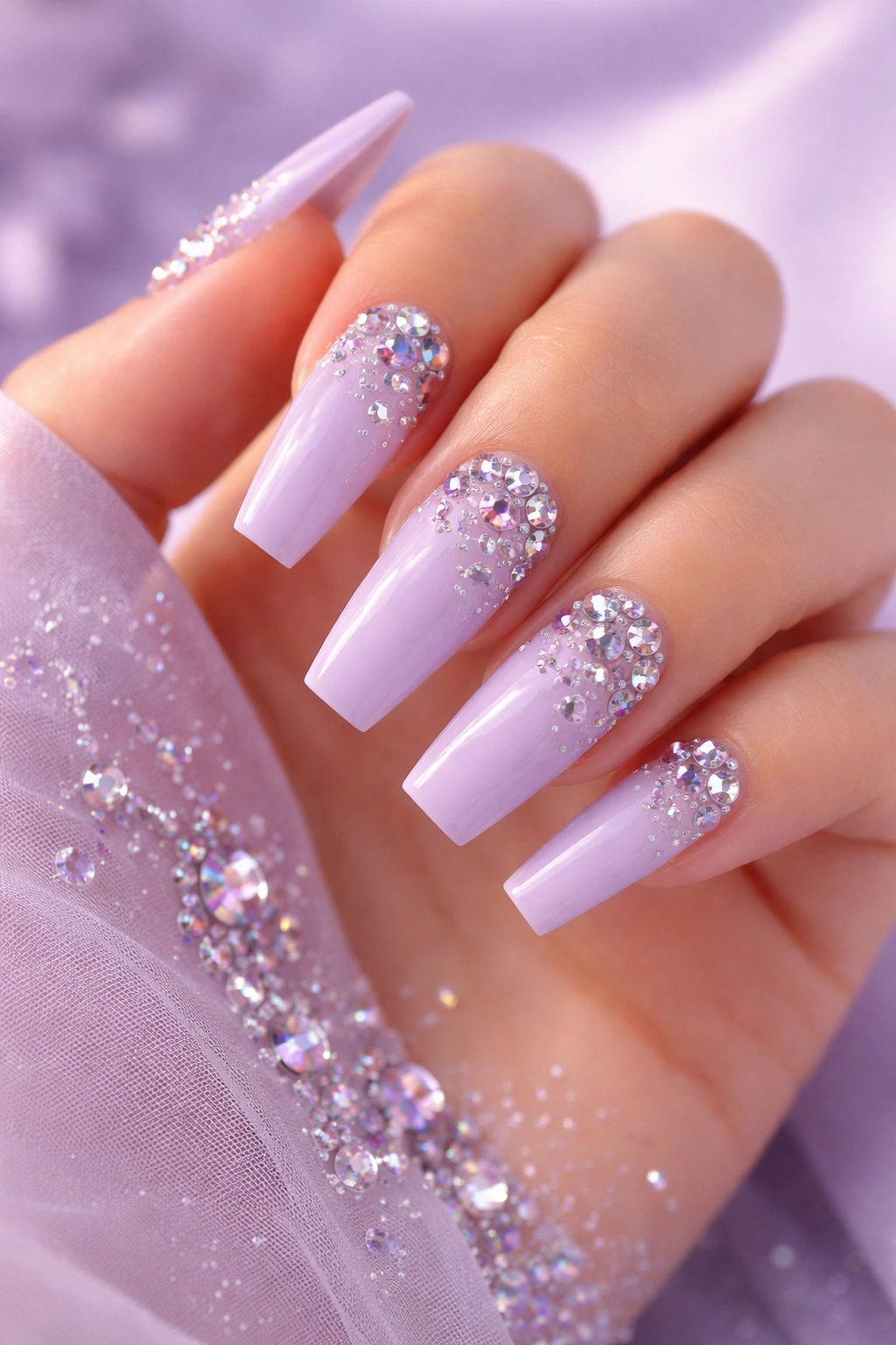 Lavender nails with purple and crystal rhinestones